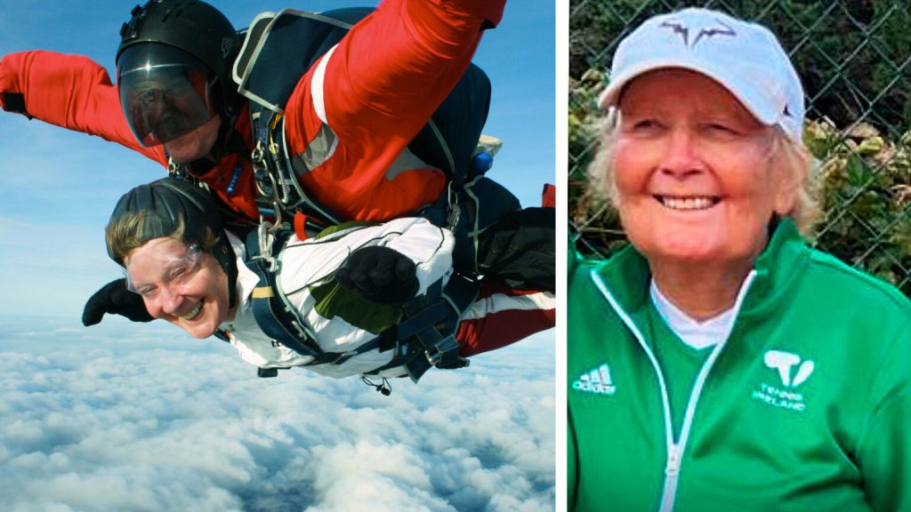 Liz Thompson abseiling and playing tennis