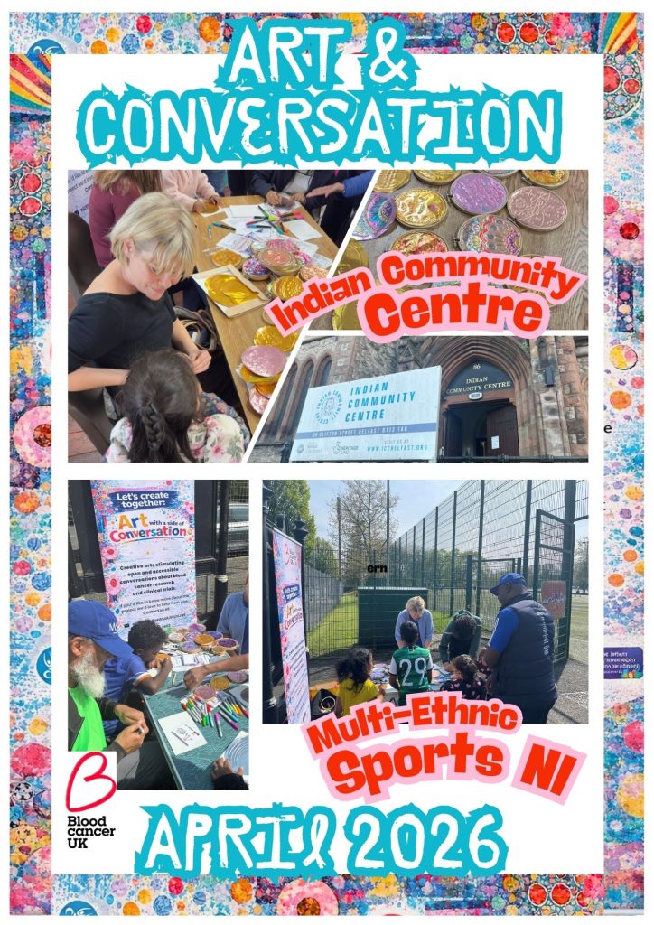 Photo collage of Community Outreach activities in April 2026 at The Indian Community Centre, Belfast and with Multi-Ethnic Sports NI at The Waterworks.