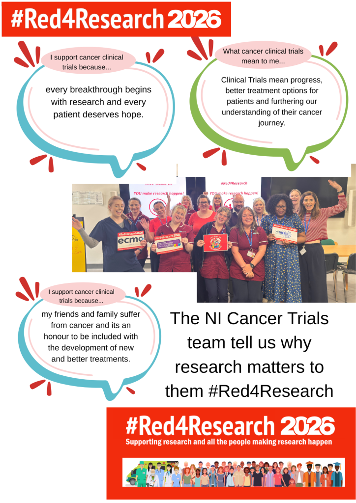 Red4Research poster with quotes from NICTN staff and staff photo
