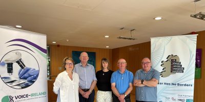 Debbie Keatley, James Caldwell, Ashley Hurst, Denver Lynn and Aidan McCormick Patient Advocates from NICRCF at VOICE Ireland course. Standing beside the AICRI and Voice Ireland pop up banner